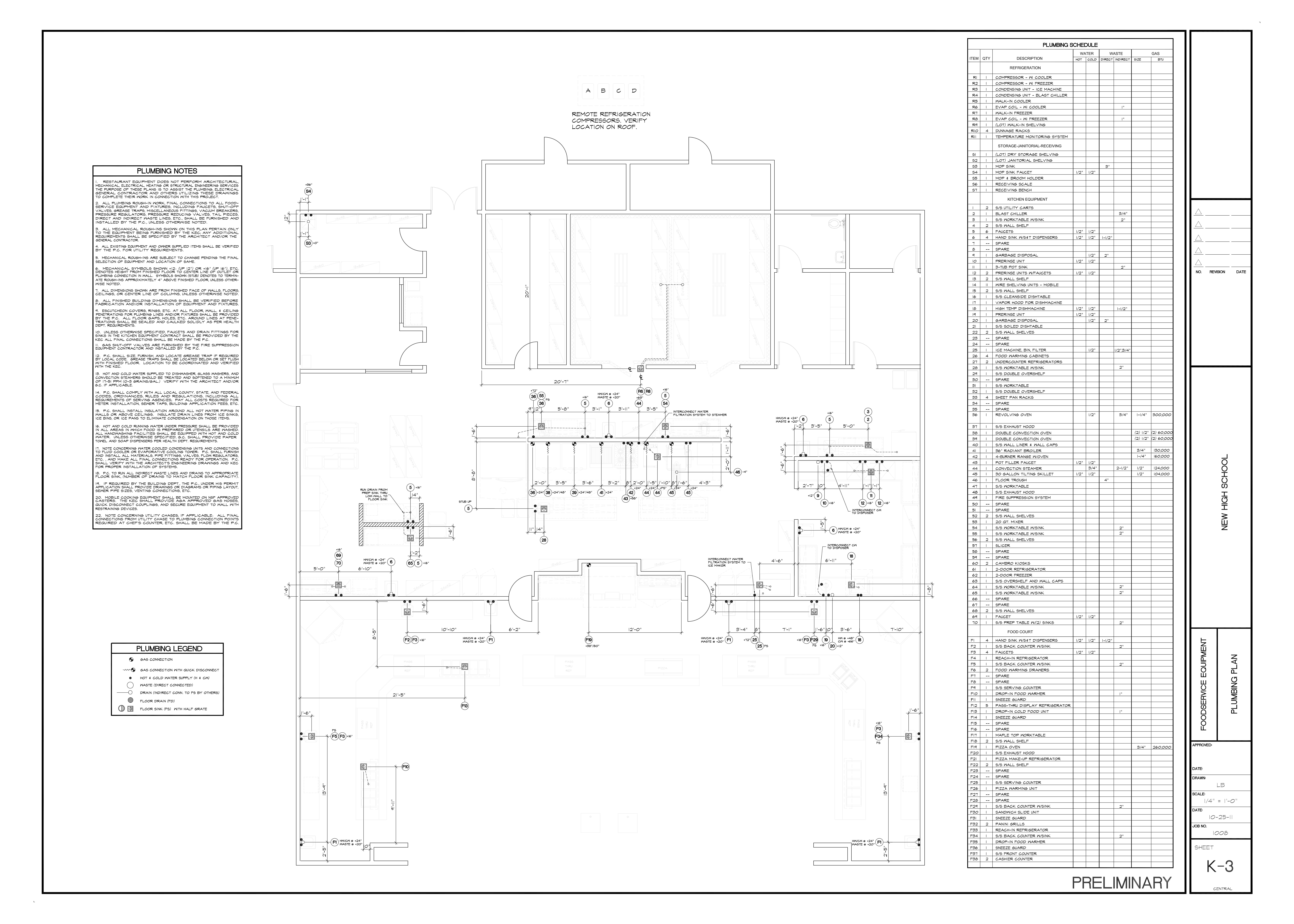 High School Cafeteria Plumbing Plan & Schedule